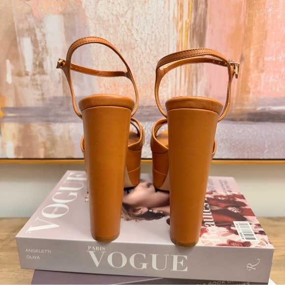 ❤️ NEW Schutz Keefa High Heels Platform Sandals Caramelo Tan Cognac Napa Leather - Picture 11 of 12